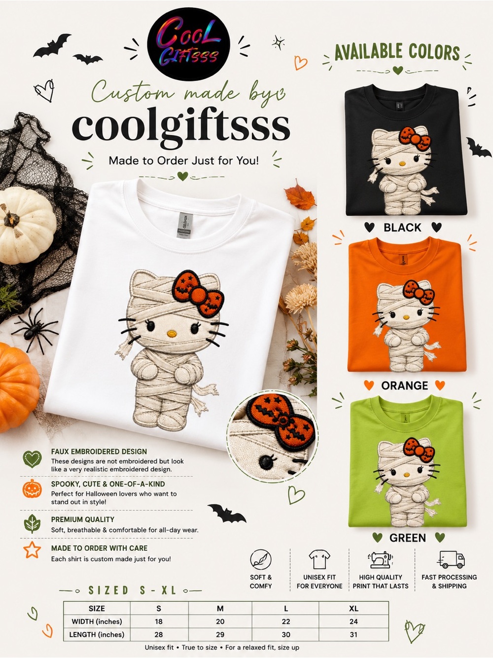 Mummy Hello Kitty Halloween t-shirt- White, Black, Orange, Green New S M L XL